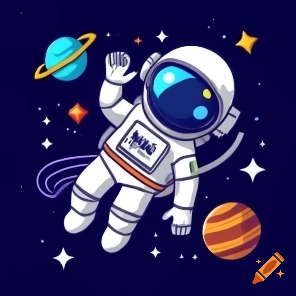 Cartoon astronaut flying in universe with Tim Burton-inspired style