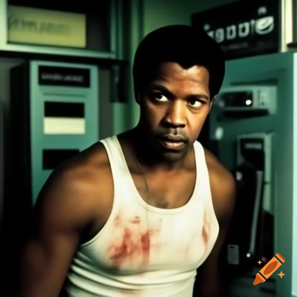 Denzel Washington in dirty tank top at payphone, displaying blood and bruises
