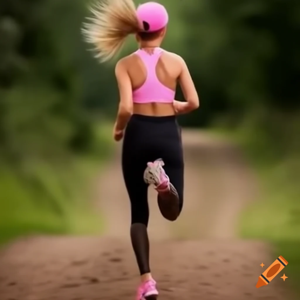 Sporty sixty-year-old woman running on dirt track through woods