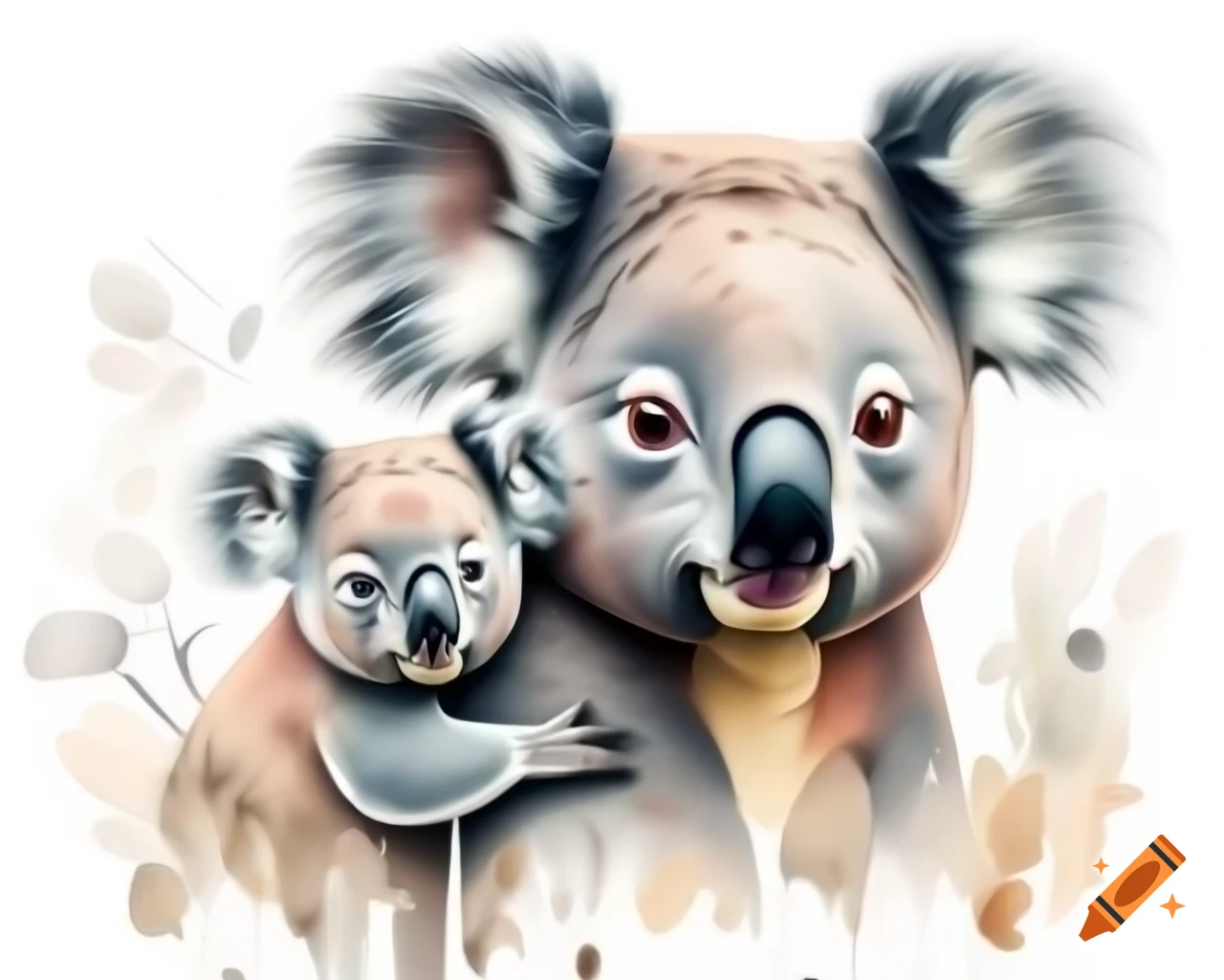 Mother koala with baby in watercolor shades, storybook style