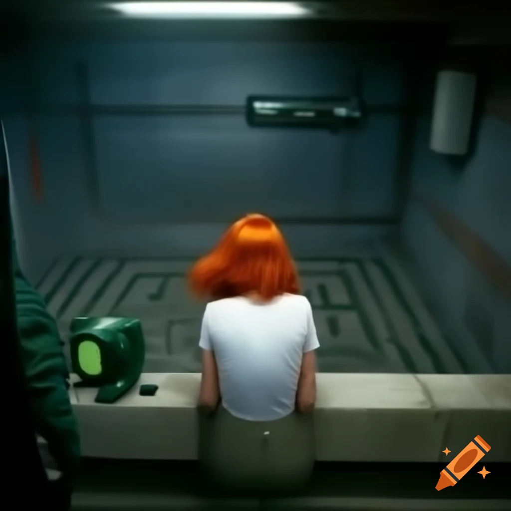 Red-haired girl in white clothes wandering through concrete basement labyrinth viewed from green security monitor