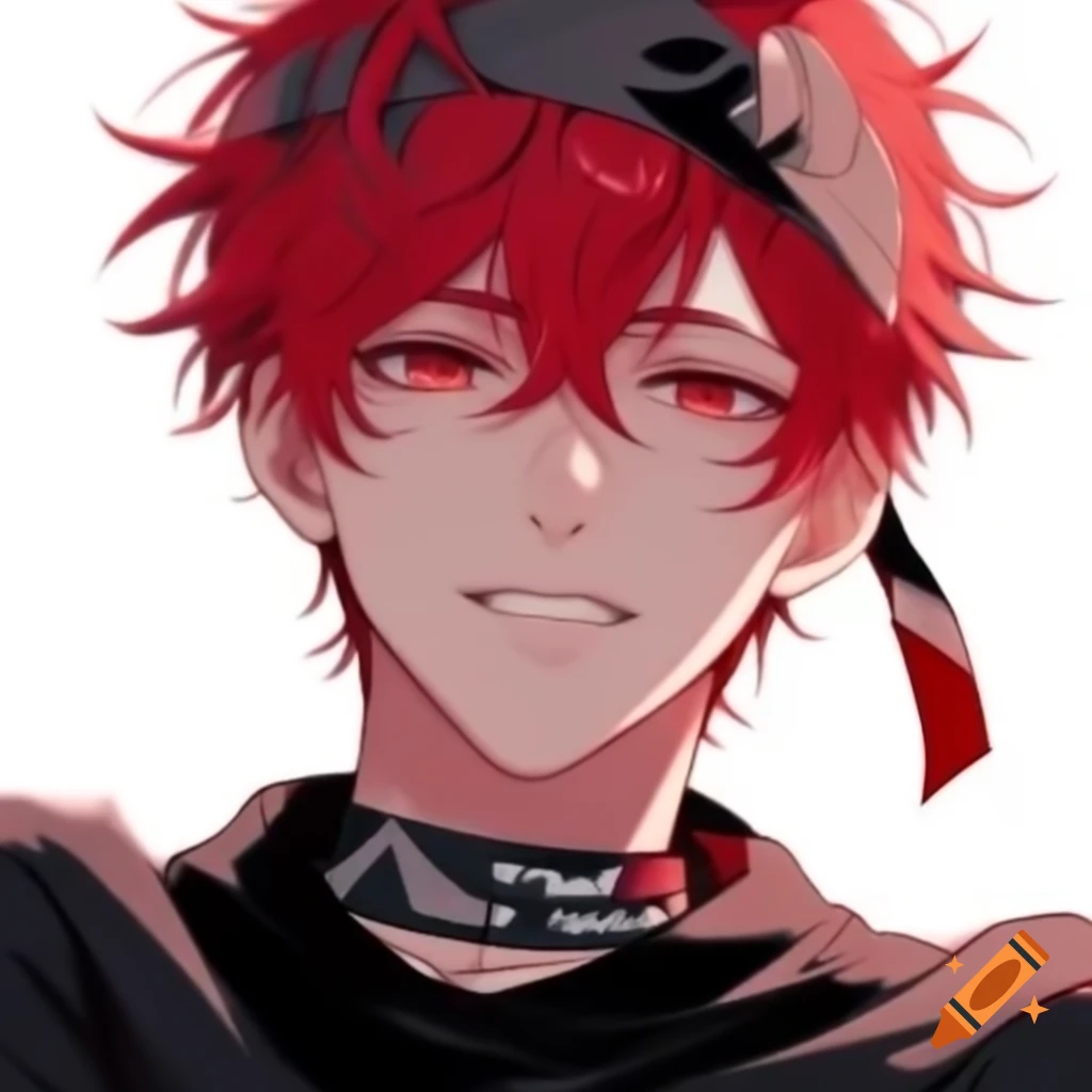 Anime character with crimson hair and bandana wearing a black shirt