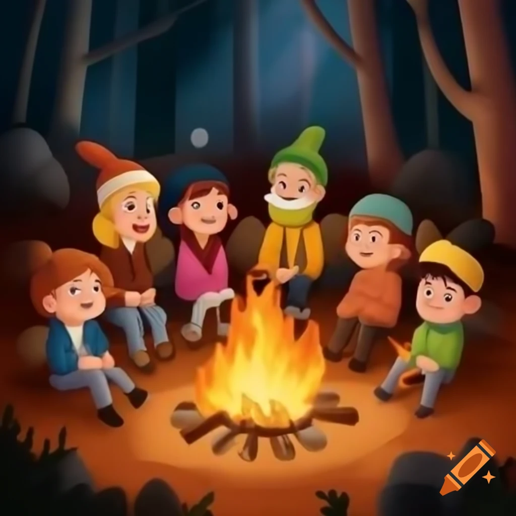 Cartoon of six people sitting around a campfire