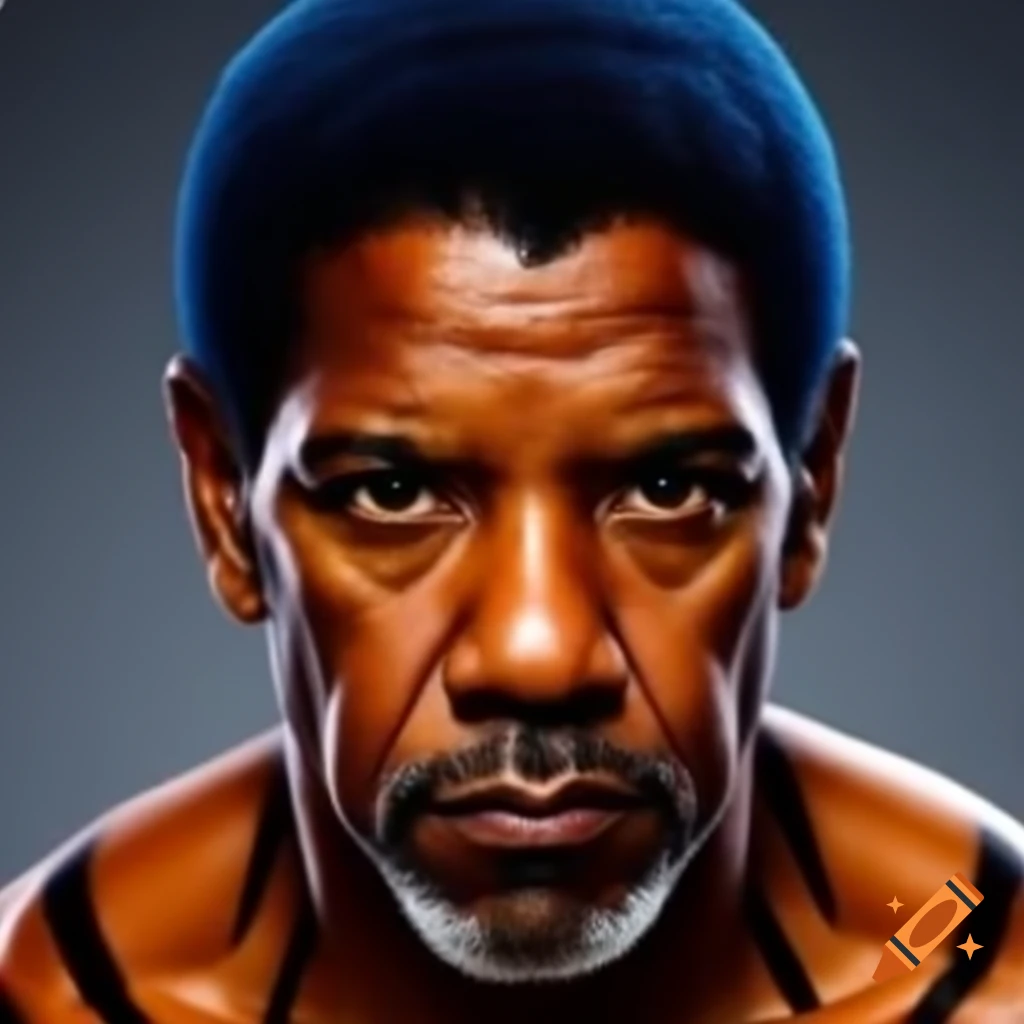 Muscular man with tiger-style makeup, blue hair, and orange skin
