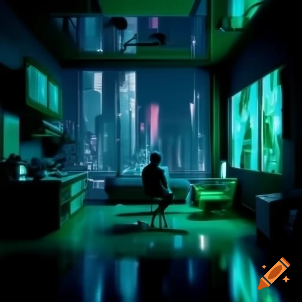 Individual in cyberpunk apartment with neon blue and green lights
