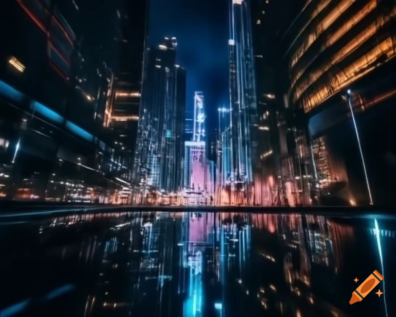 Futuristic city with shining metal buildings rising into the sky