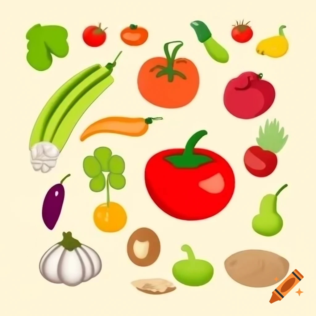 Cartoon style vegetables and fruits including paprika, tomato, apples, onion, and garlic