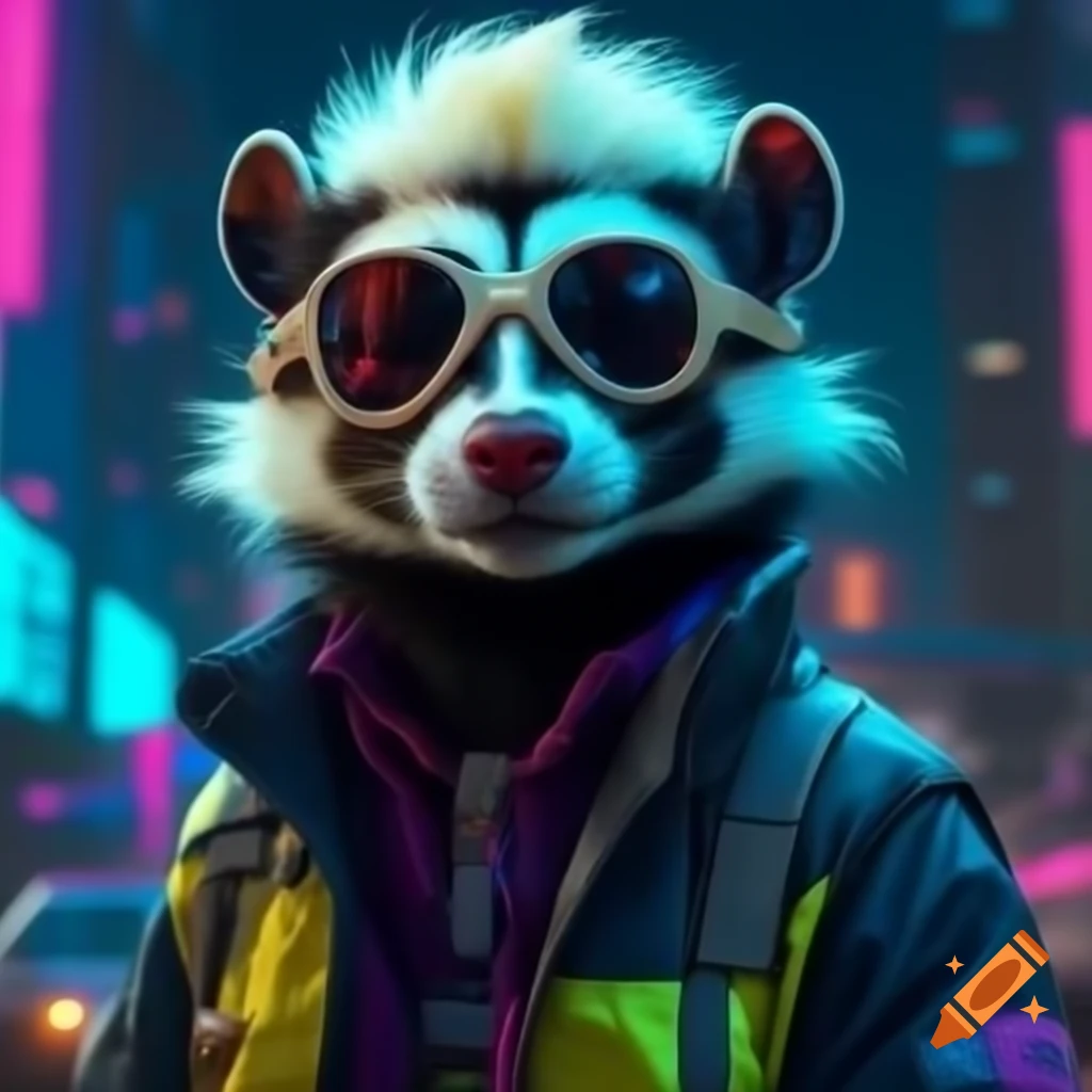 Spotted skunk in cyberpunk dystopia with mohawk and reflective jacket in neon midnight city