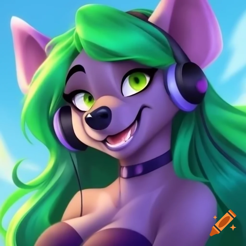 Anthropomorphic female hyena with colorful hair and headphones, smiling