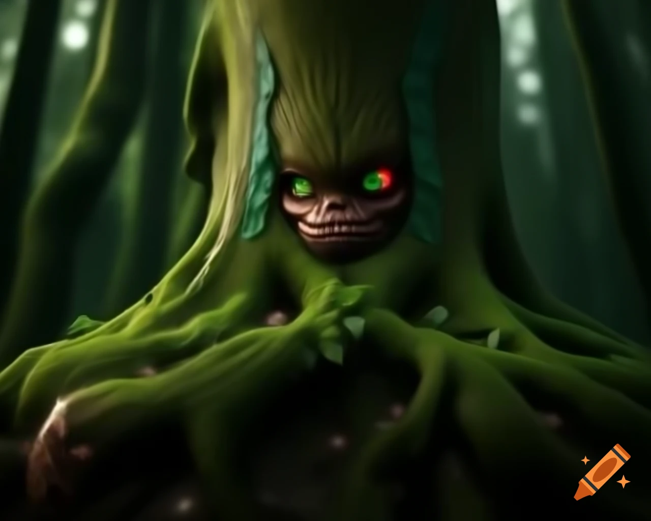3D CGI anime tree monster with humanoid face and trees growing on its body