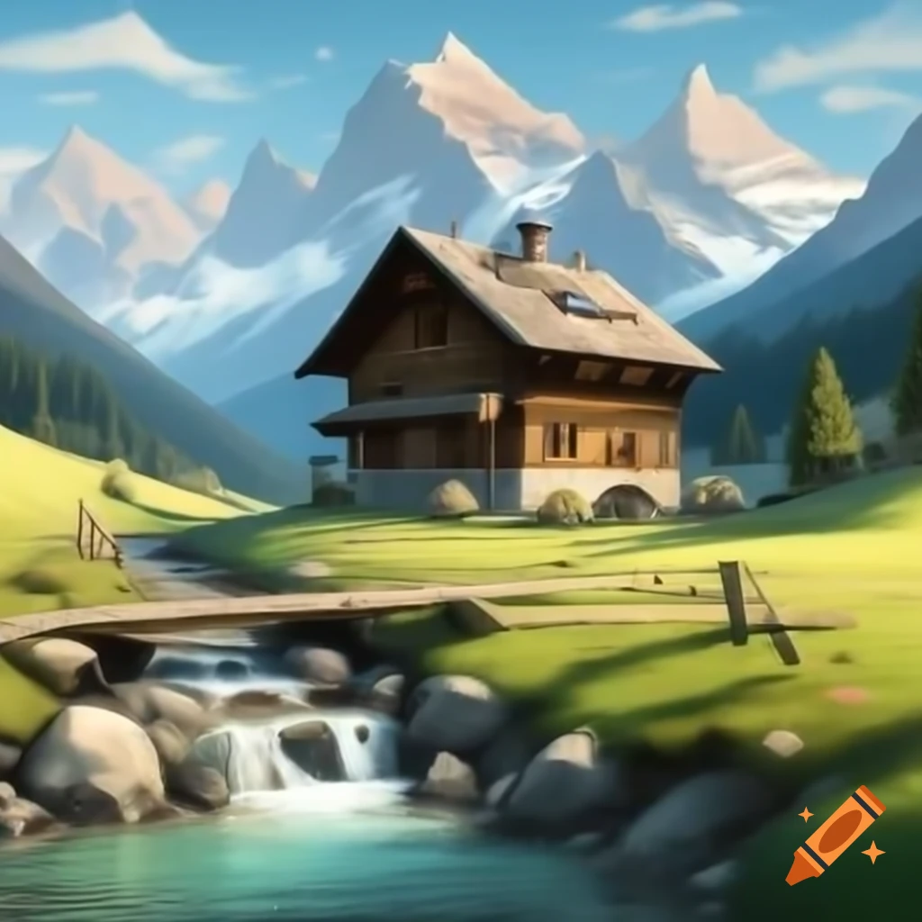 Old-fashioned wooden cottage in Austrian Alps with stream in front