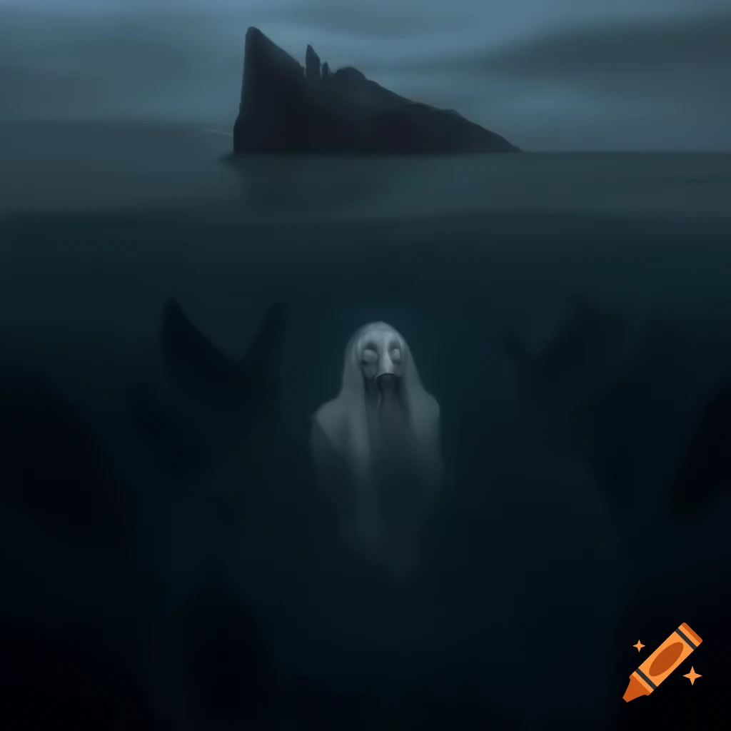 Gothic world with mythological creatures by ancient sea in twilight