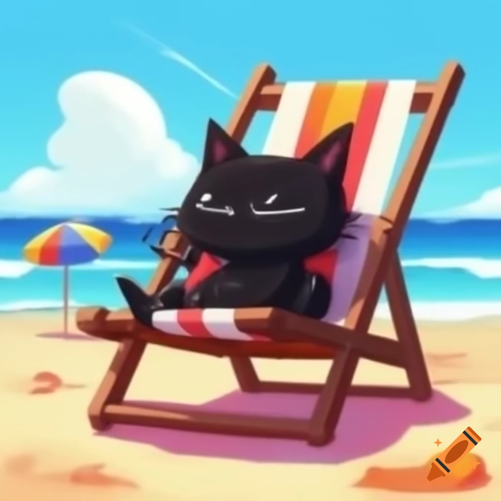 Cartoon art of a black cat relaxing in a beach chair