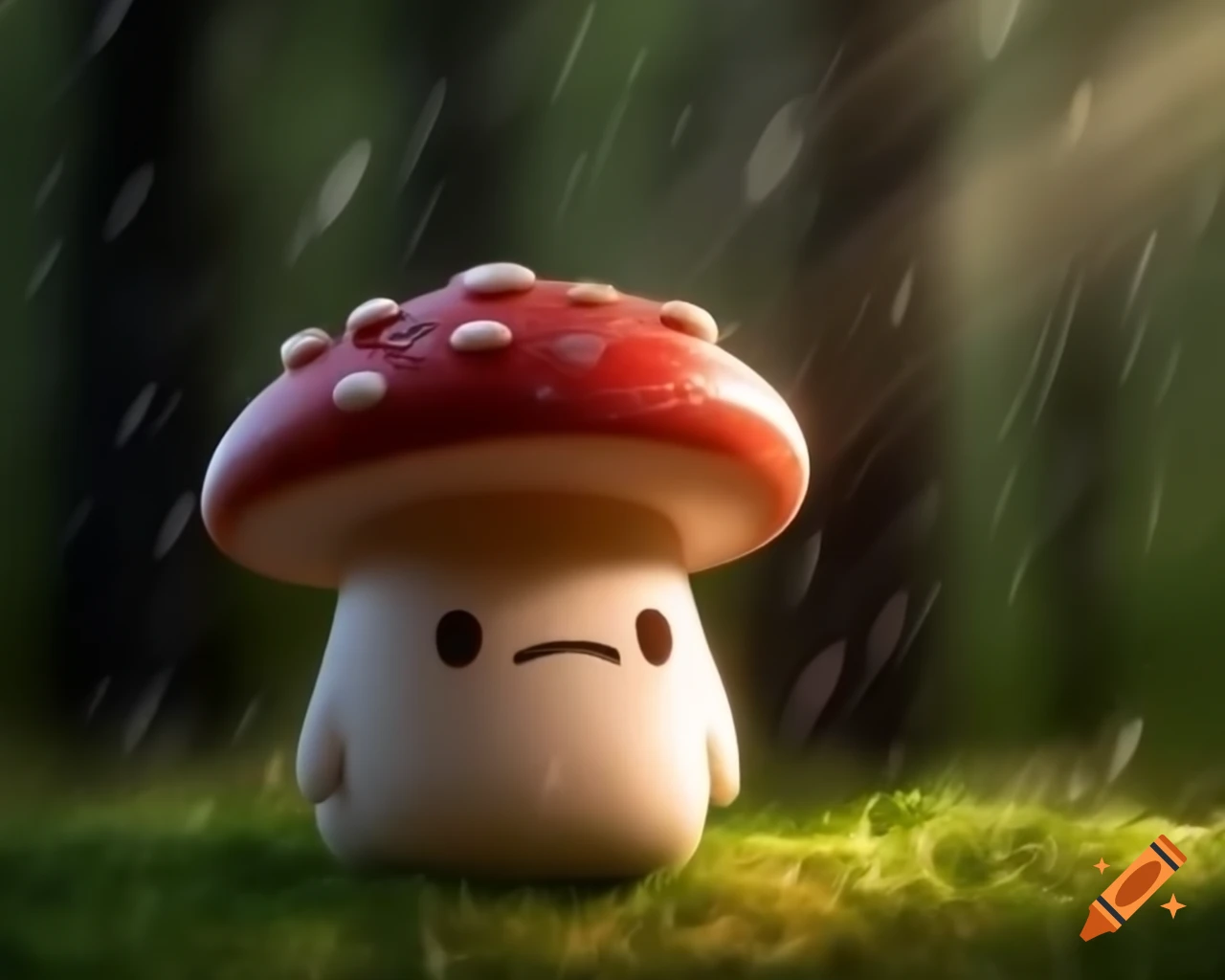 Kawaii mushroom creature in a rainy forest, hyper realistic cinematic style