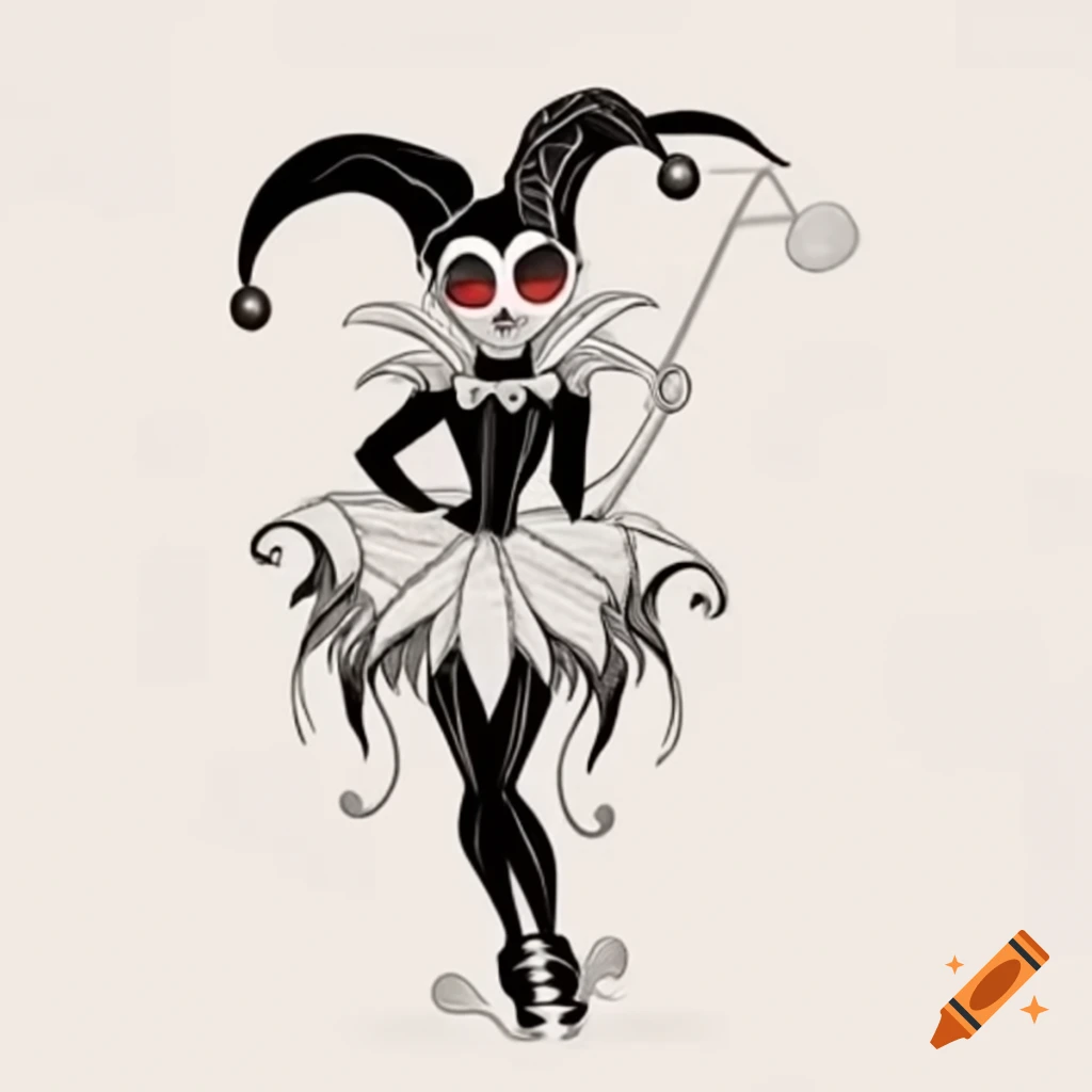 Jester-inspired rabbit girl with sharp crimson eyes and lop-sided ears, wearing an ebony frock