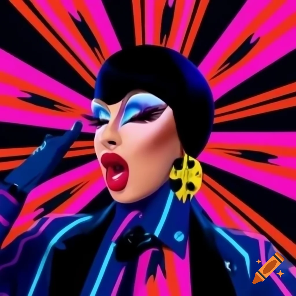 Vibrant colorful promo look of Kiki Kouture from RuPaul's Drag Race with high-energy silhouette