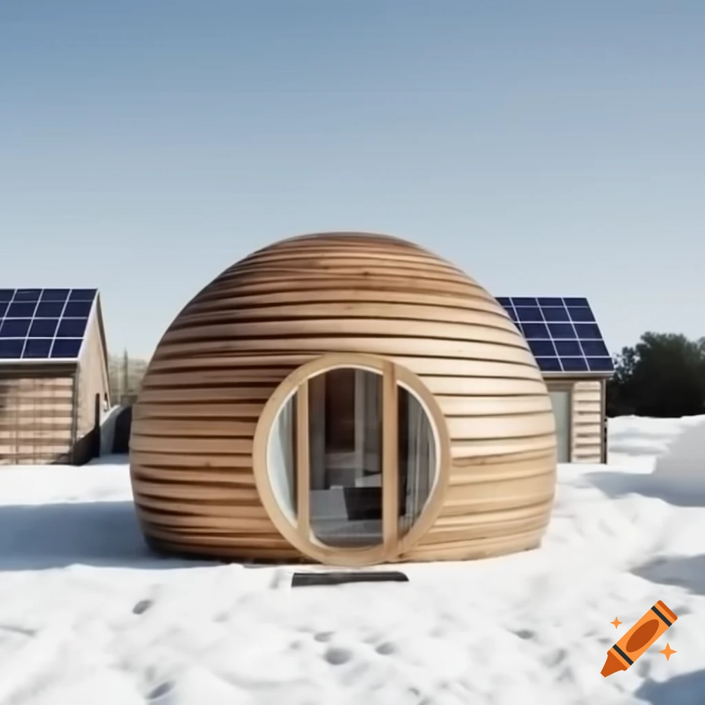 Modern wooden igloo-shaped house with solar panels