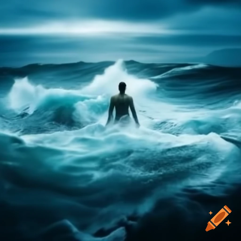 Lonely man facing raging sea
