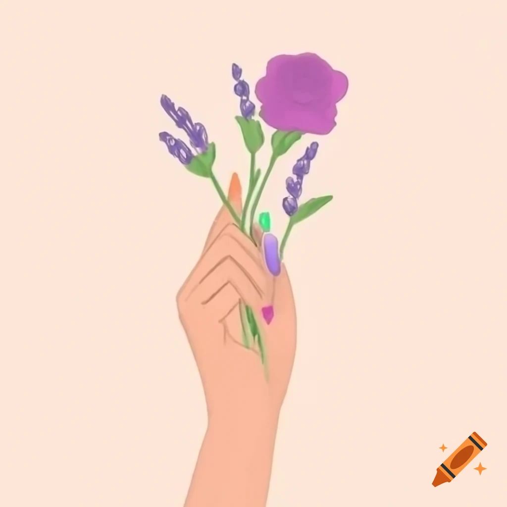 Woman's hand with green fingers and rose nails holding lavender and flower, classical pastel drawing