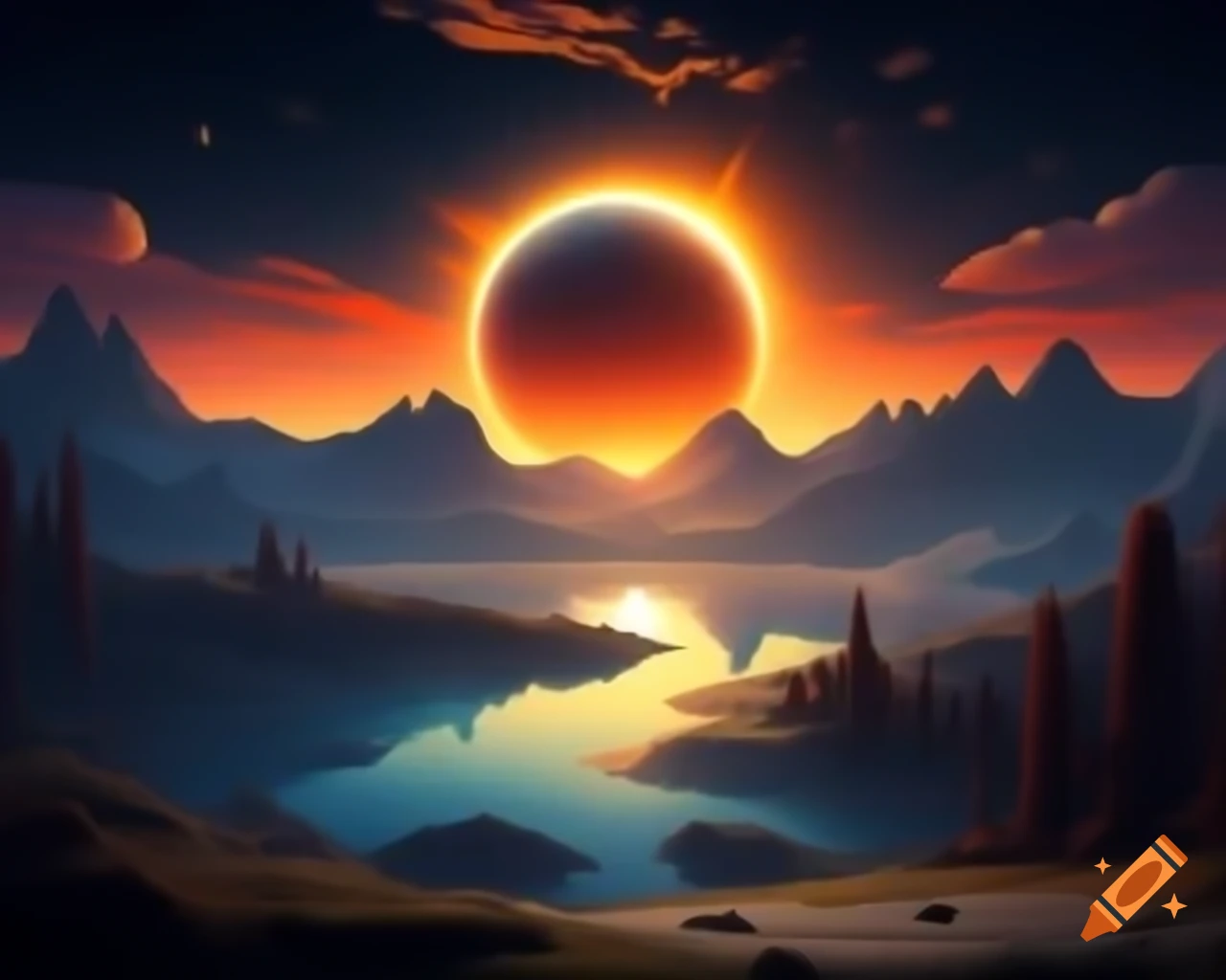 Photorealistic 3D render of sunset over mountain lake with sun rays