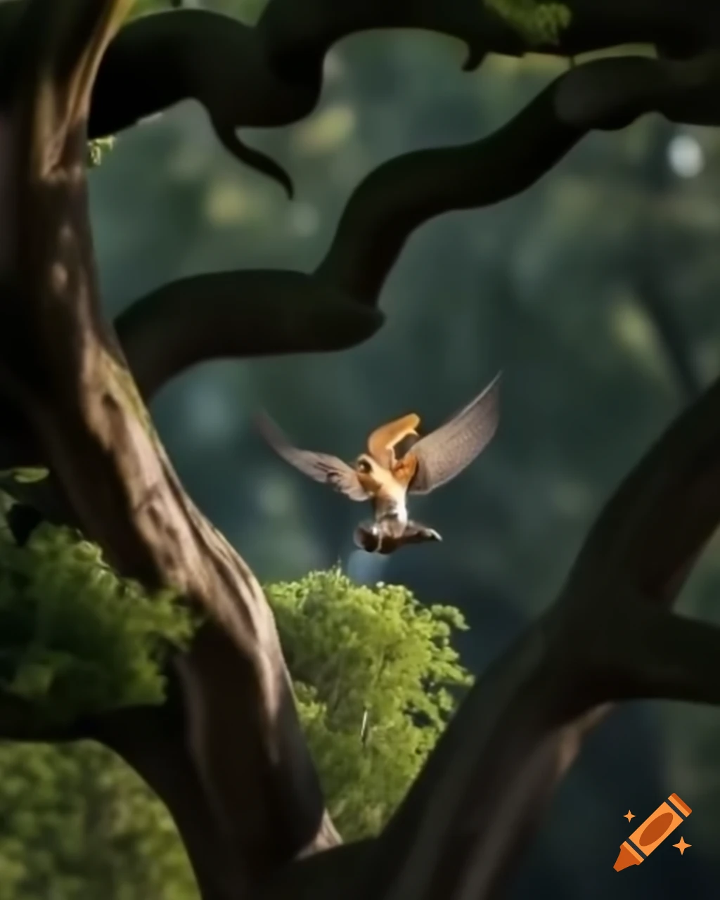 Hoopoe landing on old oak tree branches in dappled light