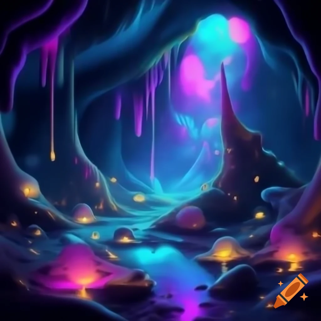Whimsical glowing stalactites and stalagmites in a neon cave