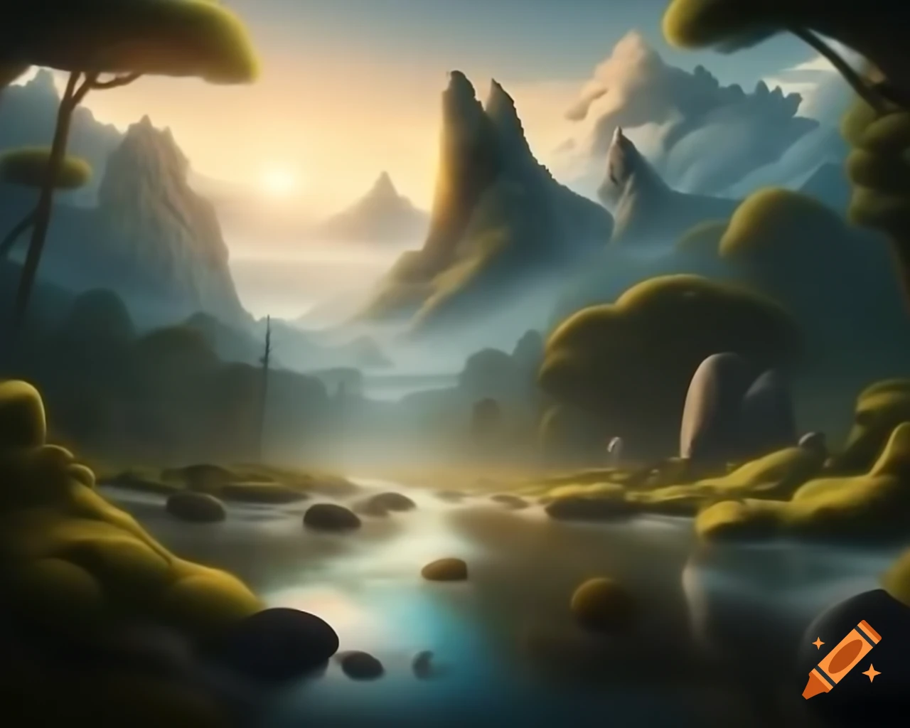 Ancient mountain range towering above winding river with grand trees