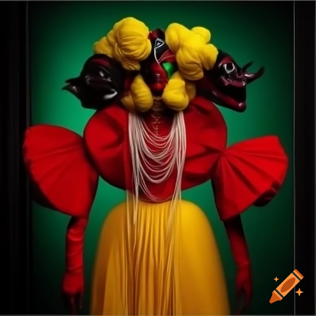 Avant-garde high-fashion dress inspired by Sri Lankan culture and devil face masks