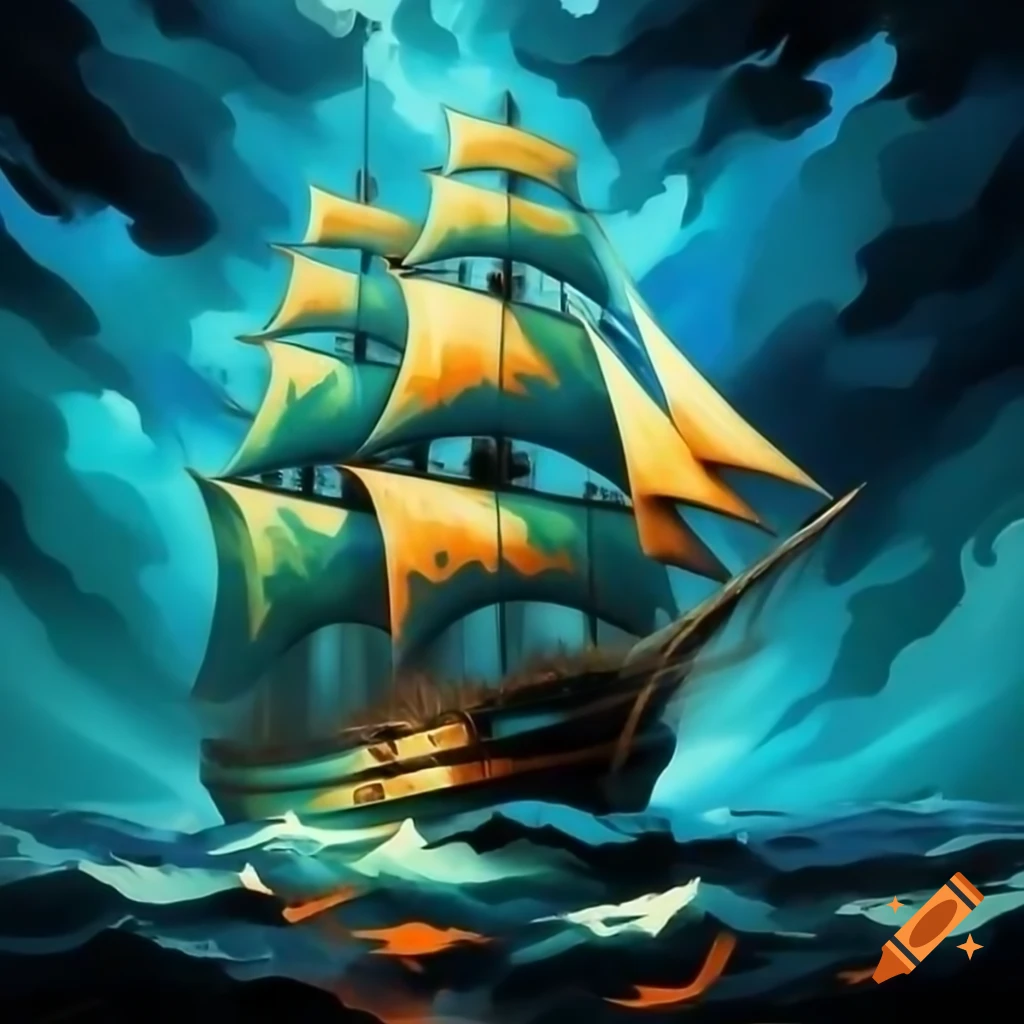 Abstract acrylic painting of a sailing ship in a stormy ocean