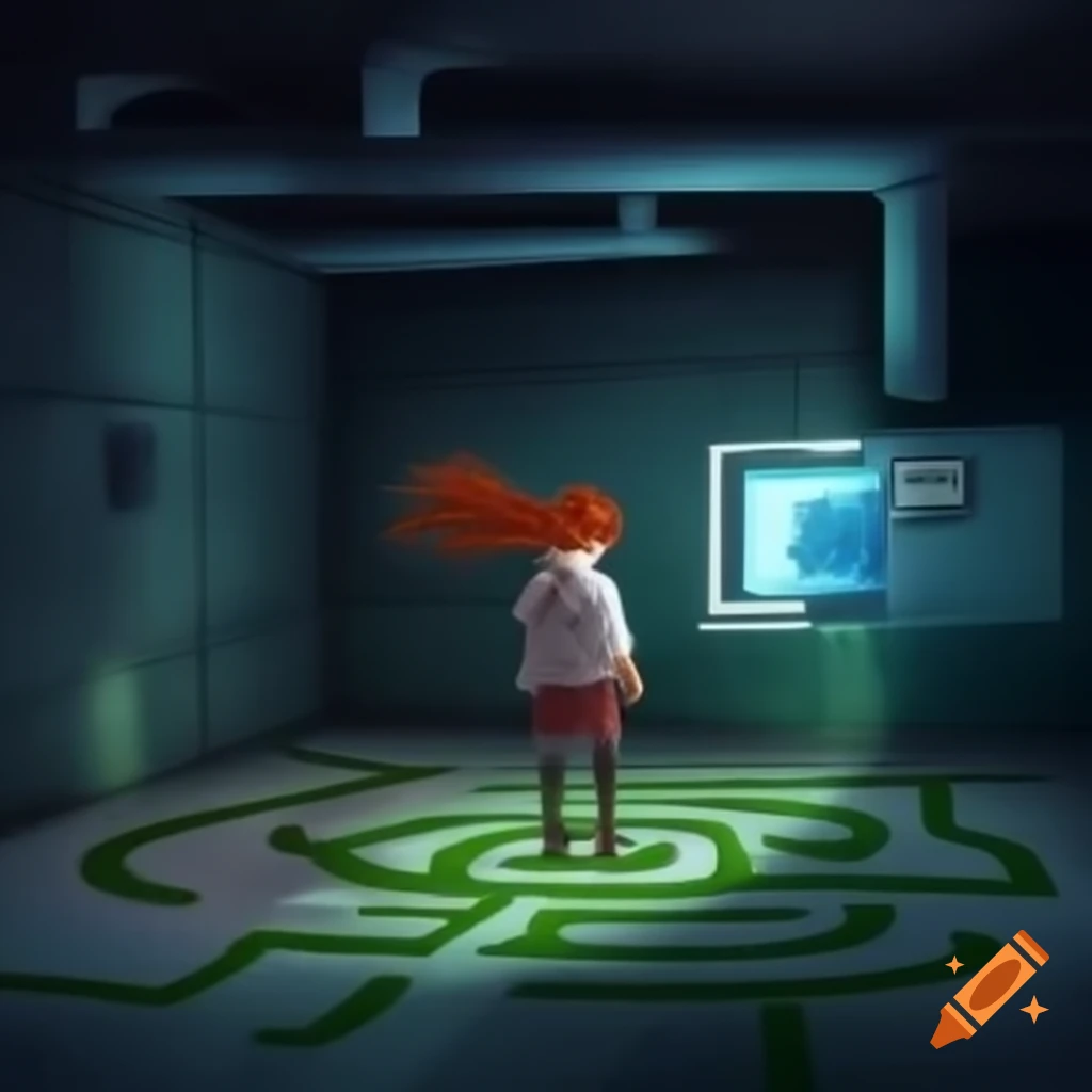 Girl with red hair exploring concrete basement labyrinth on security