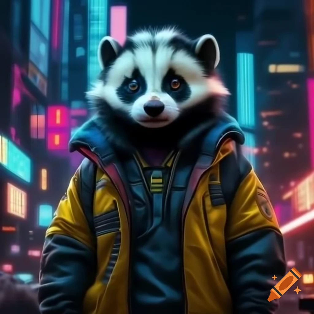 Skunk in futuristic jacket with LEDs in neon dystopian cityscape