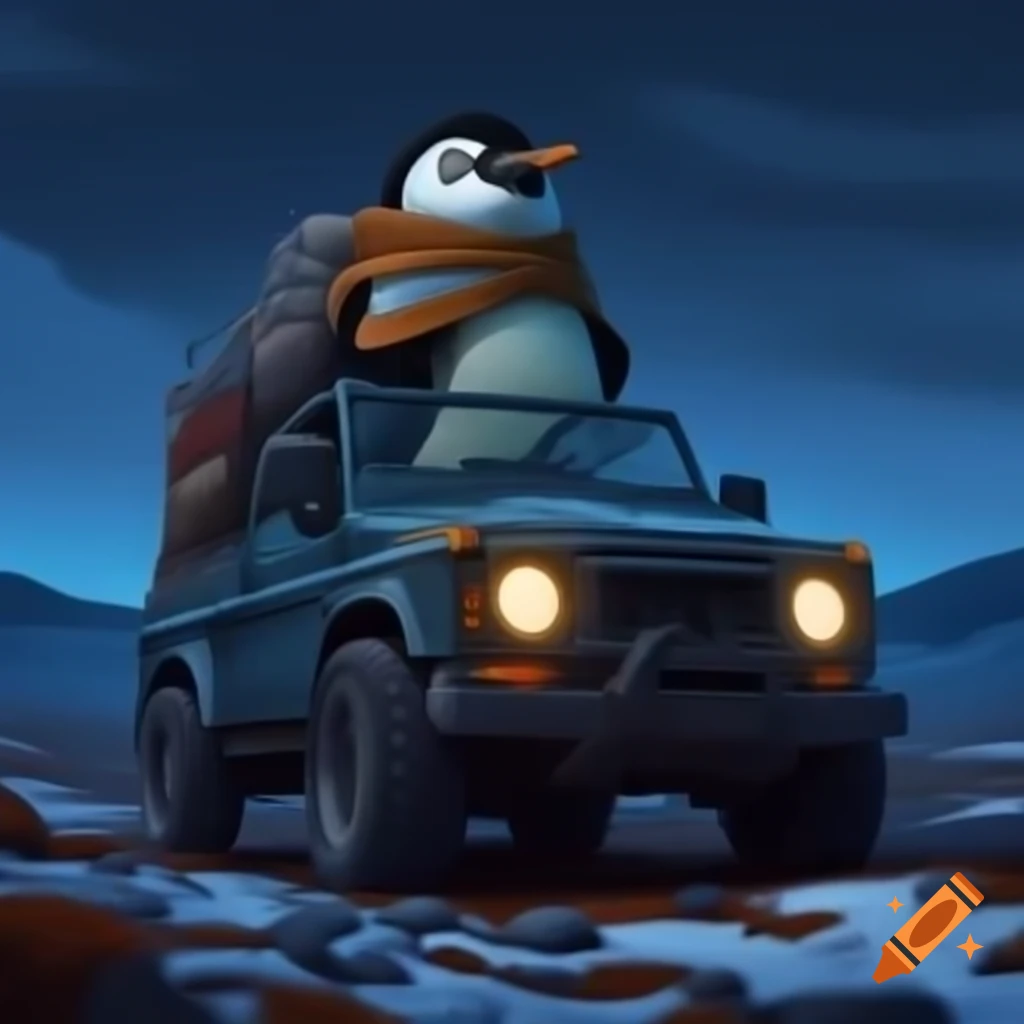 Talented penguin driving picturesque vehicle in tundra at midnight