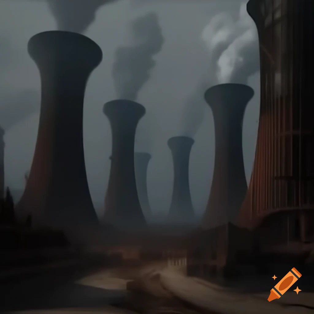 Smoke drifting from crumbling towers with rusted engines and resilient scrub