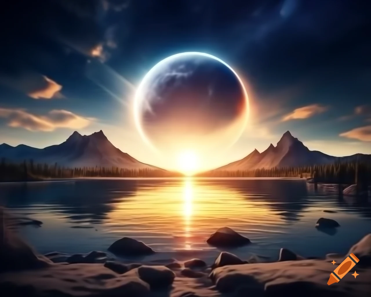 Photorealistic 3D render of mountain lake at sunset with sun rays and island