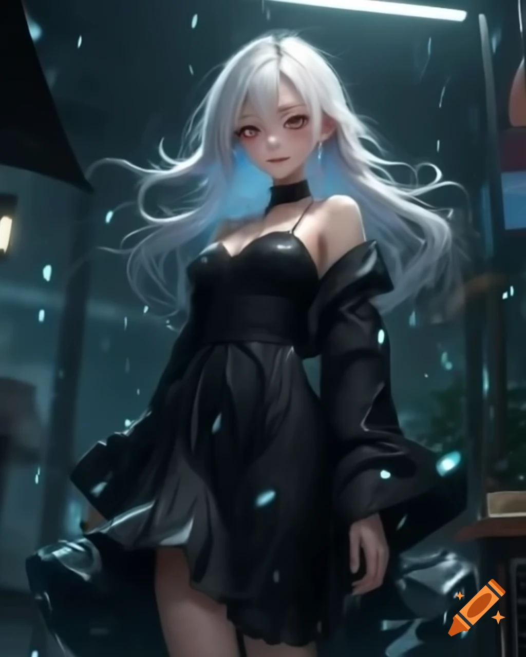 Anime woman with white hair in black dress on a rainy day, realistic style
