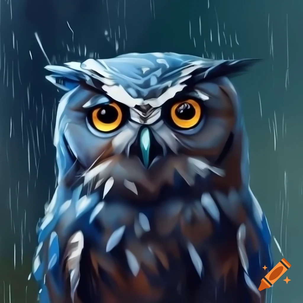 Grumpy owl under rain in Van Gogh style drawing