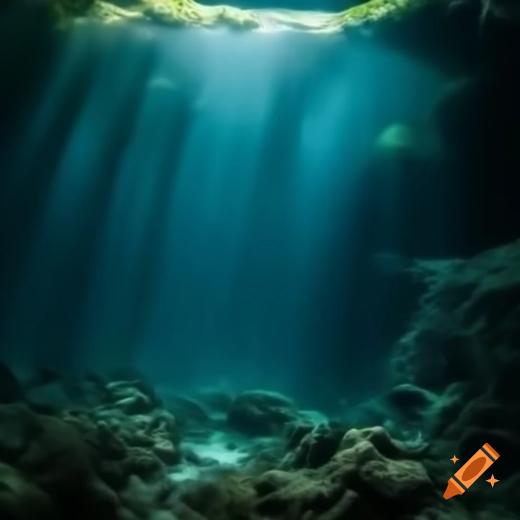 Underwater river scene showcasing aquatic life
