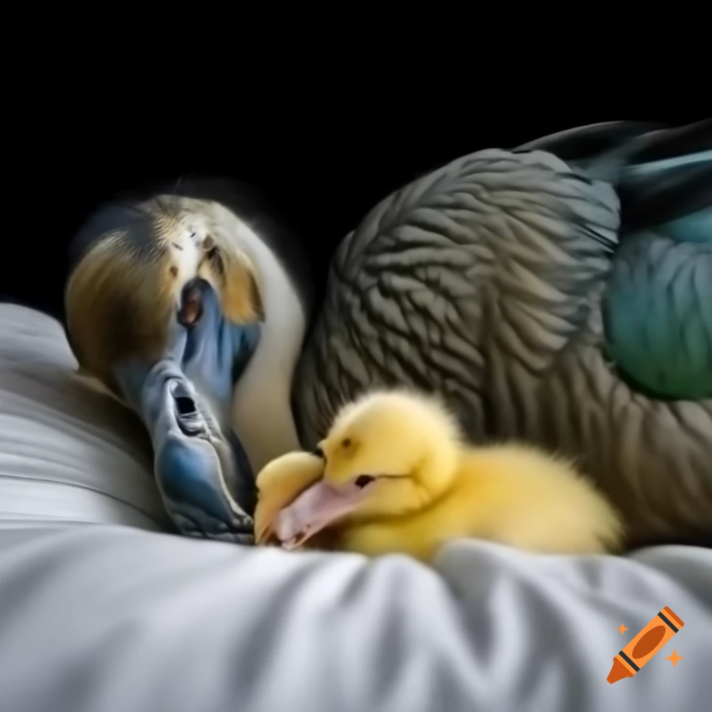 Dodo bird and yellow chick sleeping under duvet in bed