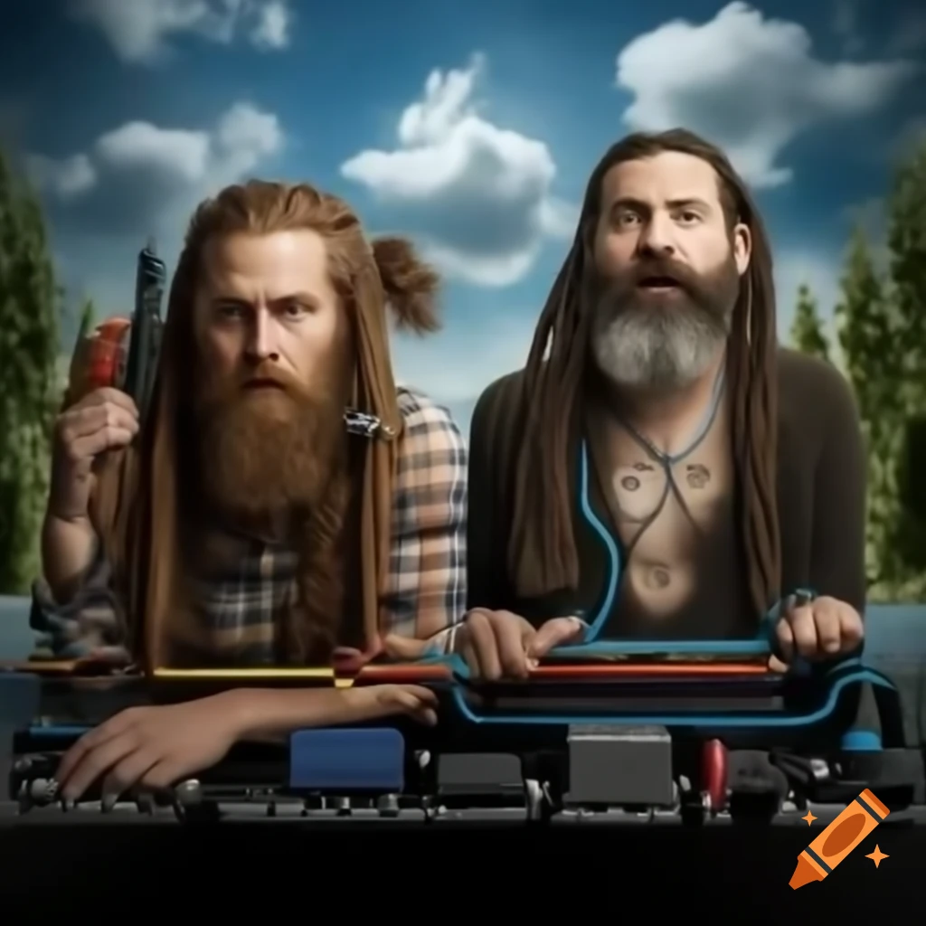 Two men inside a circuit board with connectors transforming into trees and clouds