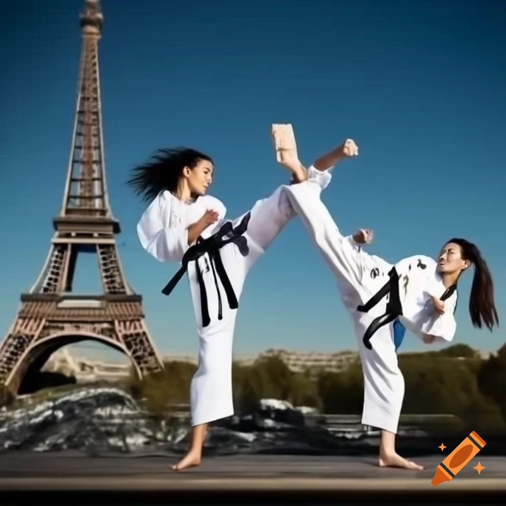 Woman practicing taekwondo with Eiffel Tower in the background and soft focus effect