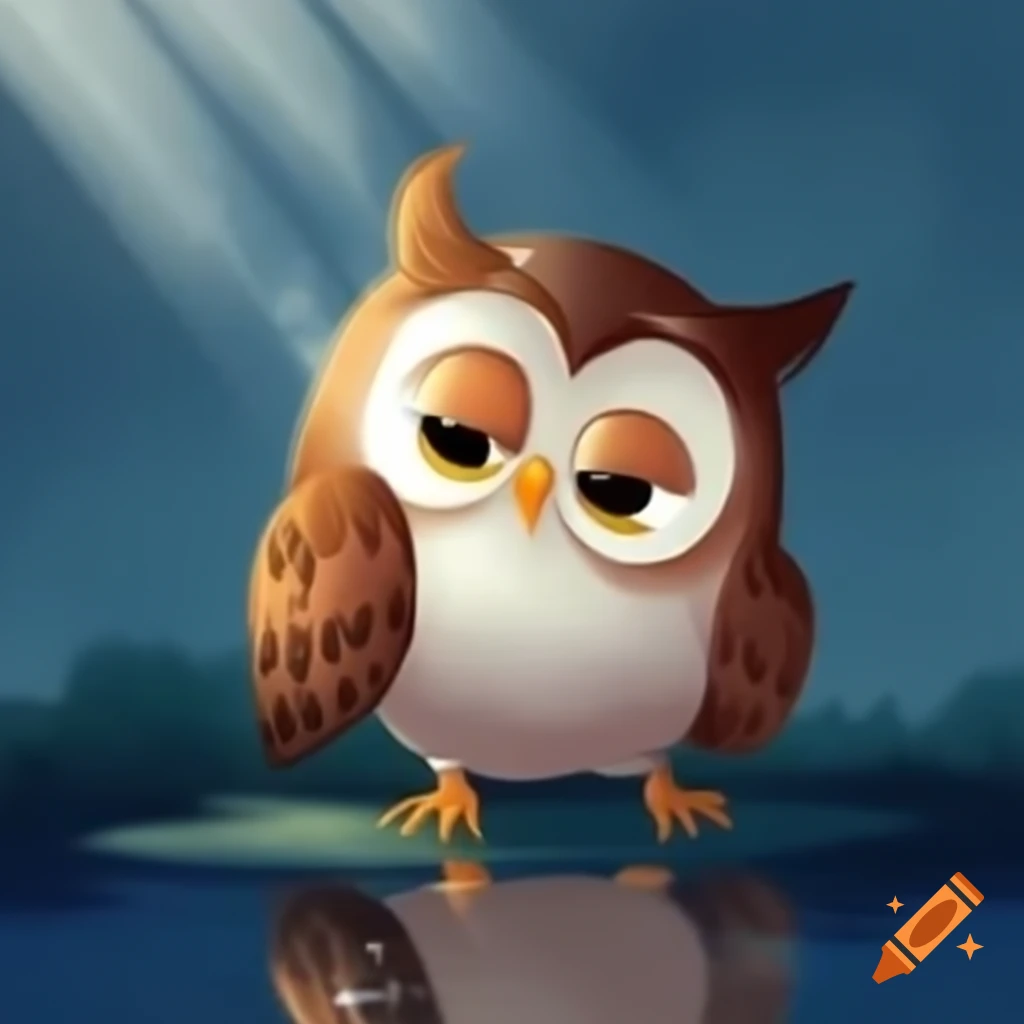 Grumpy owl getting rained on, detailed drawing