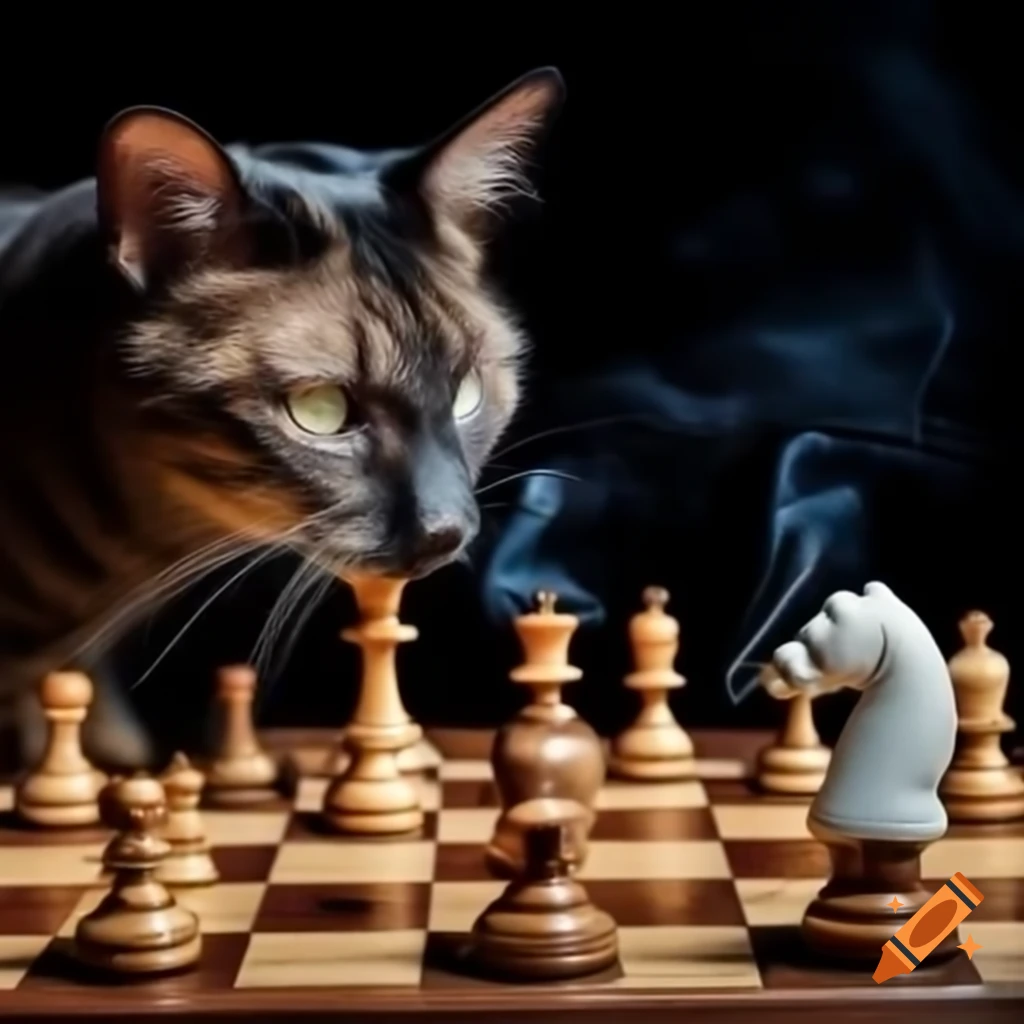 Cat with Snoop Dogg's head playing chess while a rat gives a massage
