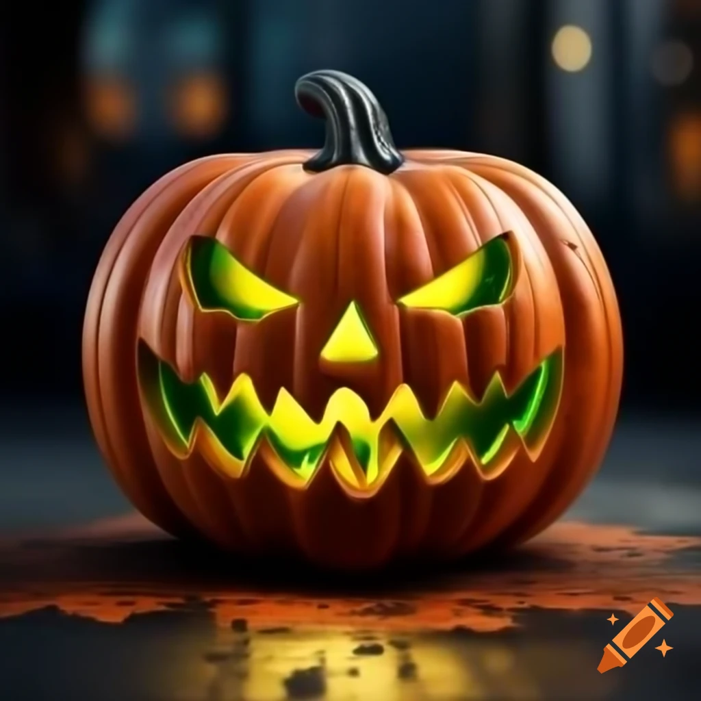 Jack o' lantern with realistic green flames inside