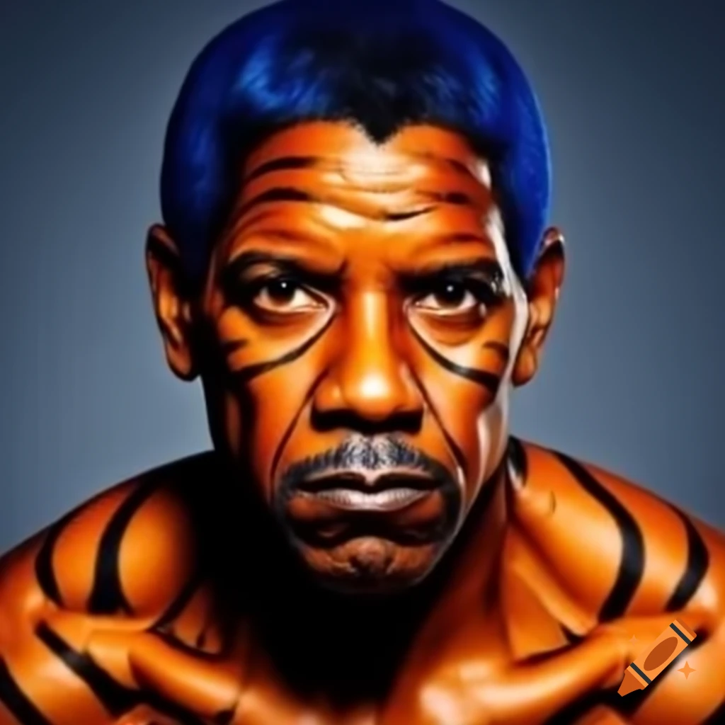 Muscular figure with tiger-style makeup, featuring blue hair and orange skin with black stripes