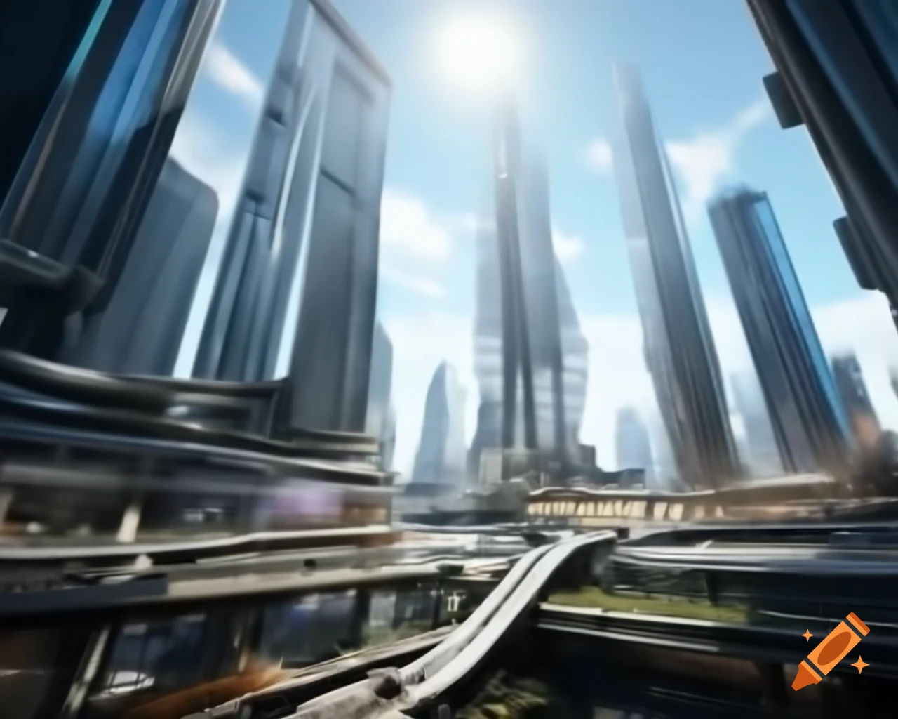 Futuristic cityscape with glass buildings, flying cars, and holographic ads
