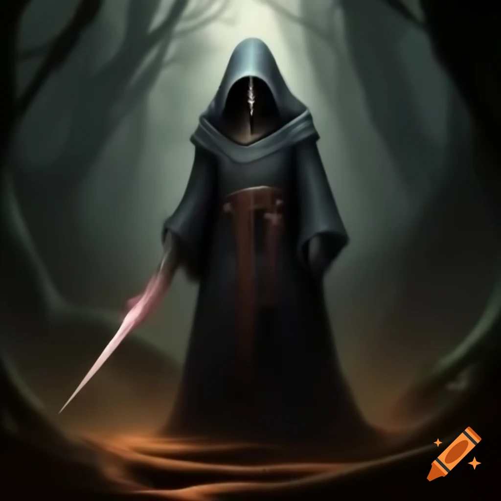 One-eyed wizard with sword navigating dark old growth forest