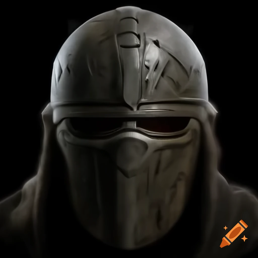 Battle-worn dark steel helmet with glowing magical runes