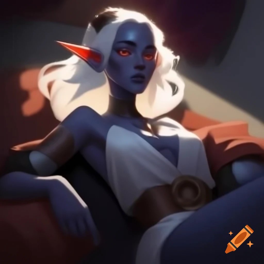 Female drow elf with ashen-gray skin and silver-white hair lounging