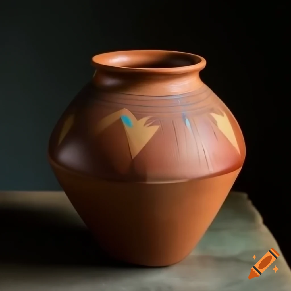 Traditional clay pot with earthy tone and textured look alongside diamond patterned beads