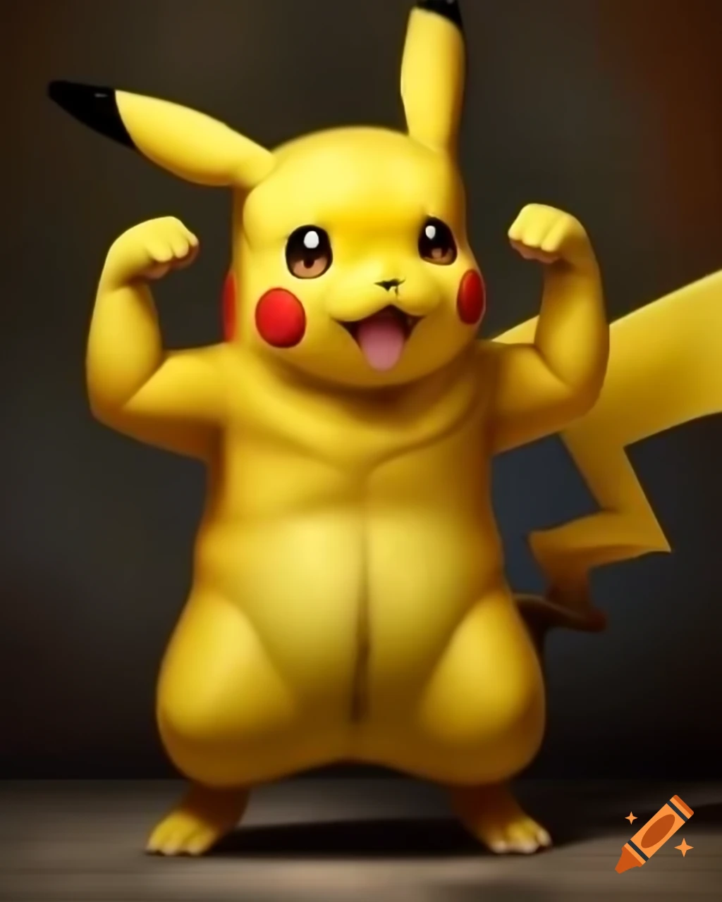 Bodybuilder Pikachu flexing muscles in full-length portrait
